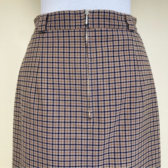 Vintage 80s Plaid Wool Blend Pencil Midi Skirt Tan/Blue Academia Preppy Sz XS - Picture 8 of 15